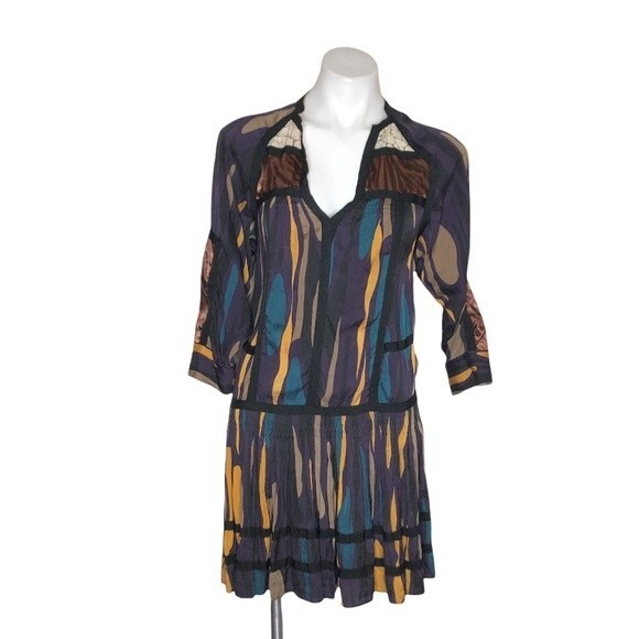 DIANE VON FURSTENBERG Silk Dress Mixed Abstract Print Black Ribbon Accent Size 4 - Picture 1 of 7